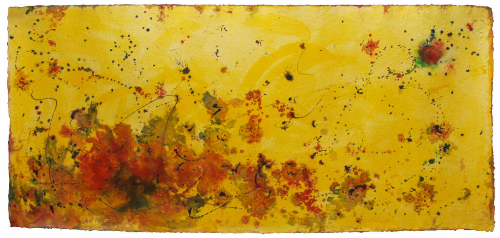 Space Worlds 10 — Vorderseite, 2019, Mixed Media auf Büttenpapier, beidseitig bemalt, 100.0 × 214.0 cm