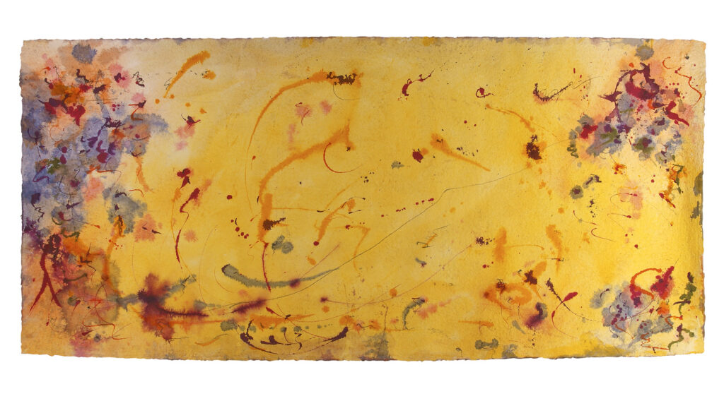 Space Worlds 5 — Vorderseite, 2017, Mixed Media auf Büttenpapier, beidseitig bemalt, 210.0 × 100.0 cm
