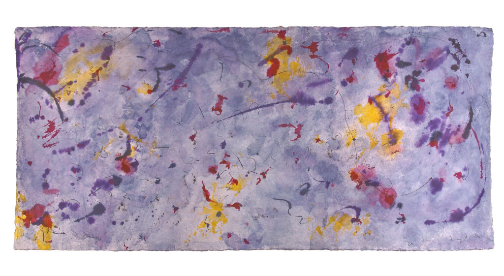 Space Worlds 3 — Vorderseite, 2017, Tusche auf Büttenpapier, beidseitig bemalt, 210.0 × 100.0 cm