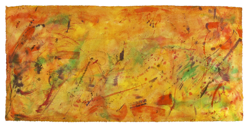 Space Worlds 13 — Vorderseite, 2021, Mixed Media auf Büttenpapier, beidseitig bemalt, 200.0 × 100.0 cm