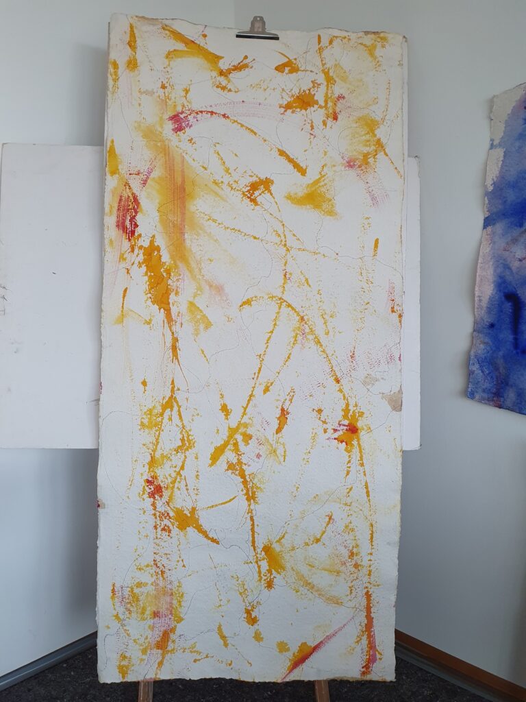 Space Worlds 18 — Rückseite, 2021, Mixed Media auf Büttenpapier, beidseitig bemalt, 100.0 × 200.0 cm