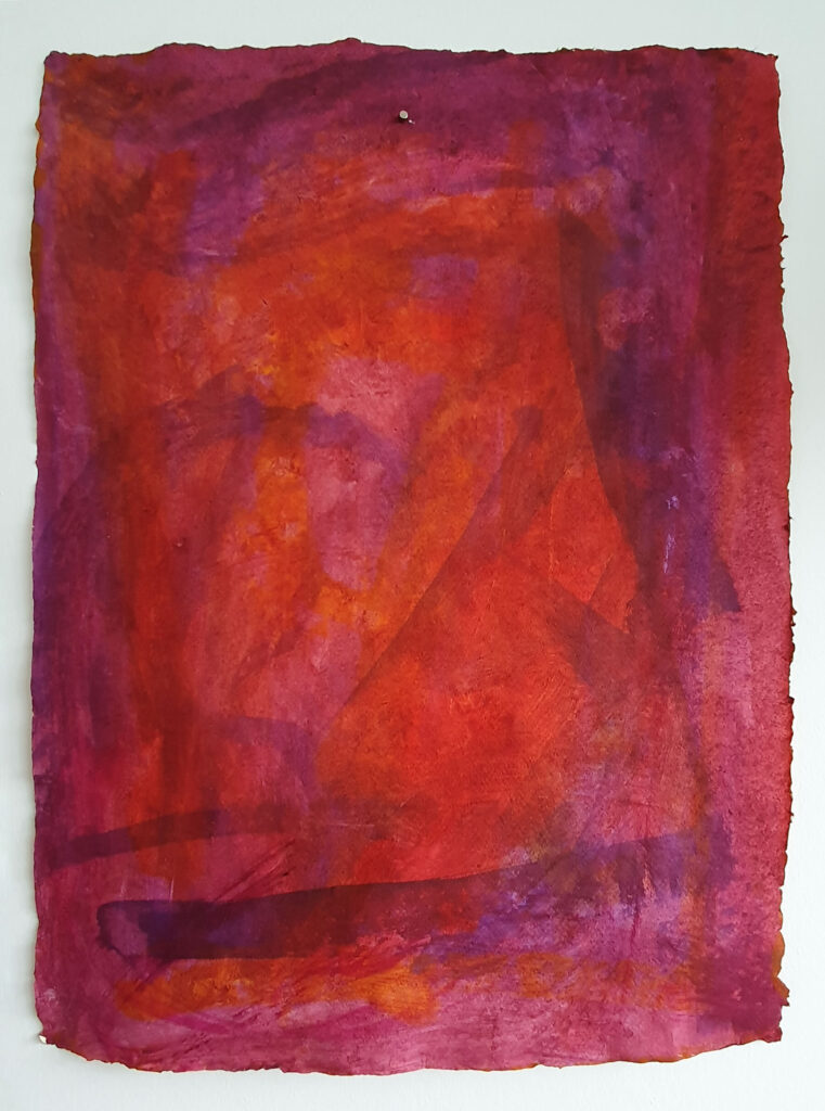 Red And, 2021, Mixed Media auf Büttenpapier, beidseitig bemalt, 55.0 × 75.0 cm