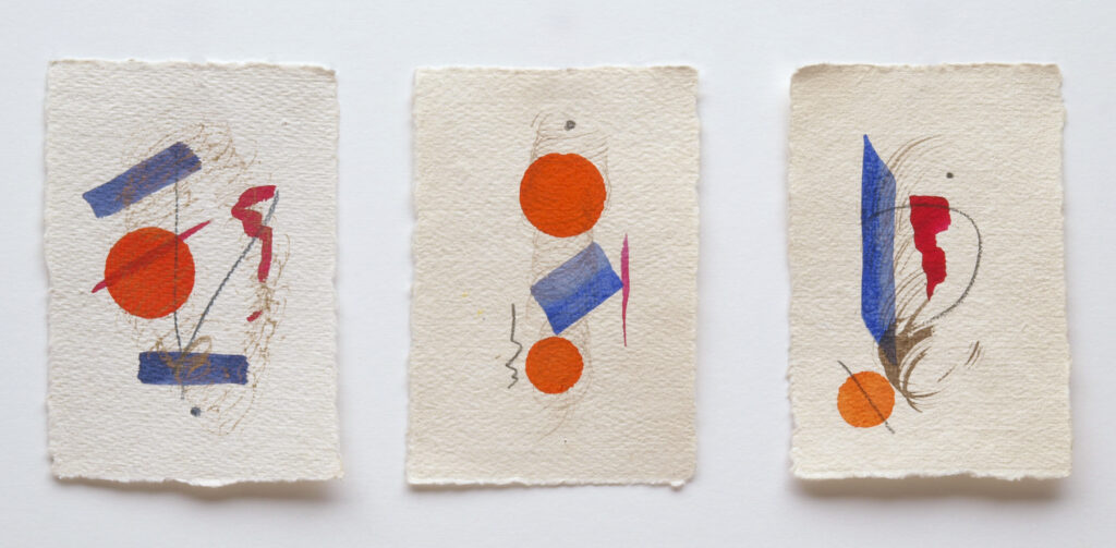 Quotes, 2018, Mixed Media auf Büttenpapier, 3 à 10.0 × 15.0 cm