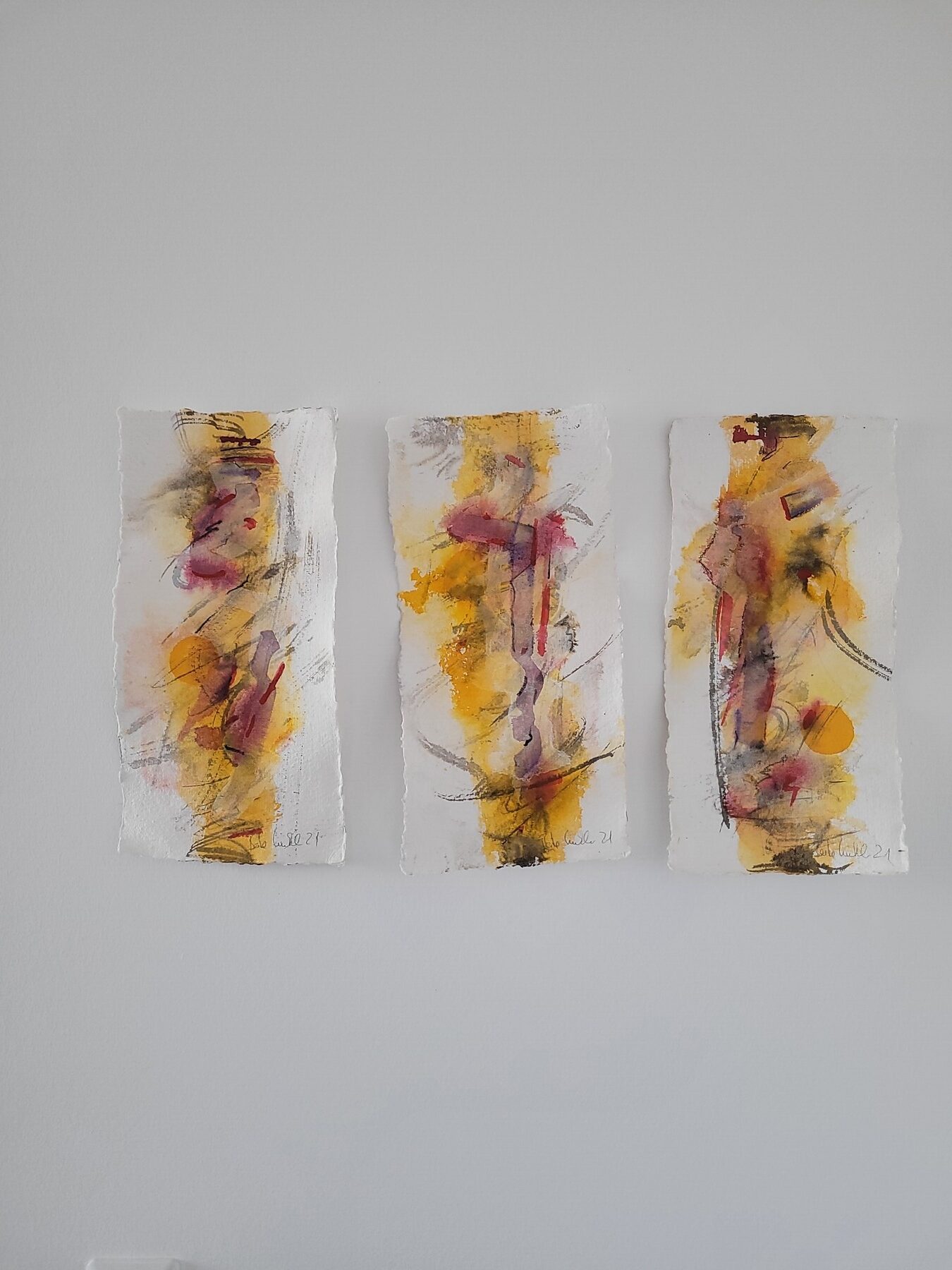 Windy, 2021, Mixed Media auf Büttenpapier, 3 à 20.0 × 40.0 cm