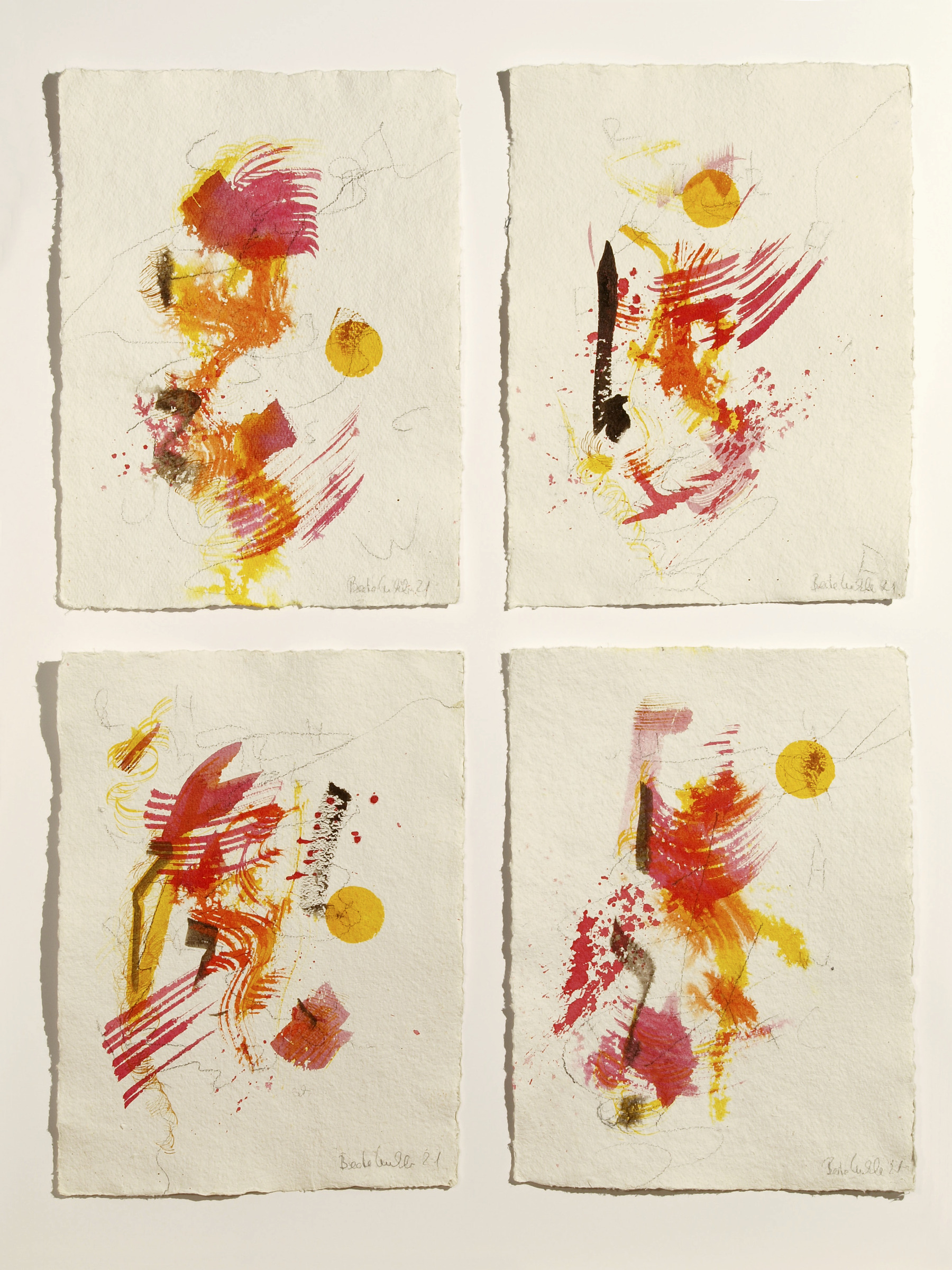 4 Dancing, 2021, Mixed Media auf Büttenpapier, 4 à 28.0 × 38.0 cm