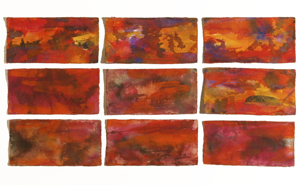 9 Red And…, 2020, Mixed Media auf Büttenpapier, 9 à 30.0 × 15.0 cm
