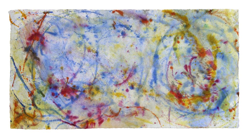 BackForward 1 — Vorderseite, 2023, Mixed Media auf Büttenpapier, beidseitig bemalt, 210.0 × 110.0 cm