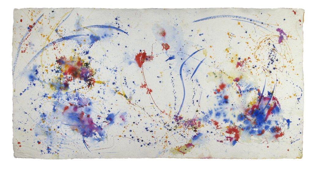 BackForward 1 — Rückseite, 2023, Mixed Media auf Büttenpapier, beidseitig bemalt, 210.0 × 110.0 cm