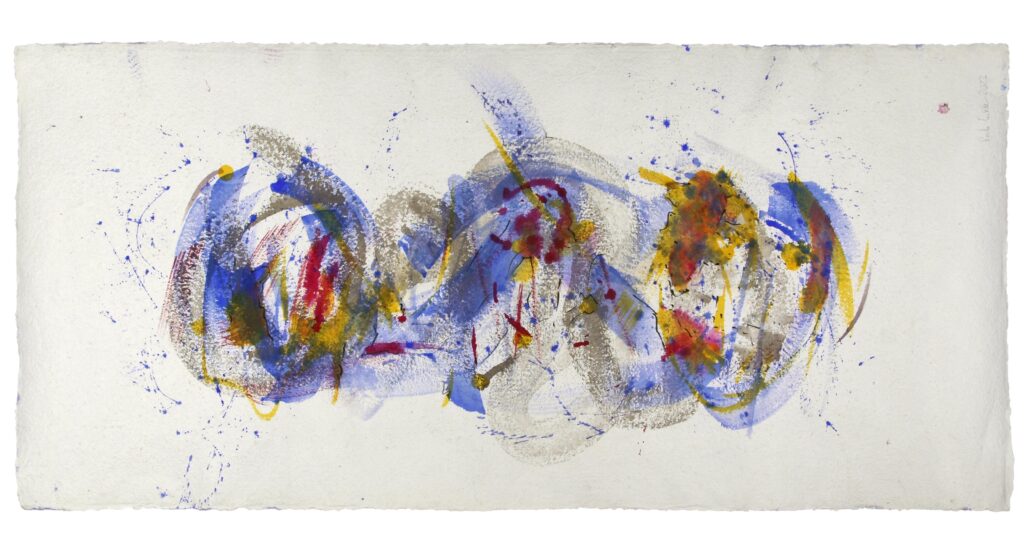 BackForward 4 — Vorderseite, 2023, Mixed Media auf Büttenpapier, beidseitig bemalt, 200.0 × 100.0 cm