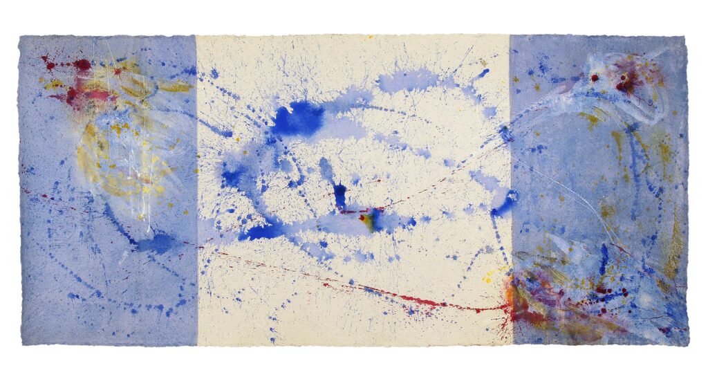 BackForward 4 — Rückseite, 2023, Mixed Media auf Büttenpapier, beidseitig bemalt, 200.0 × 100.0 cm