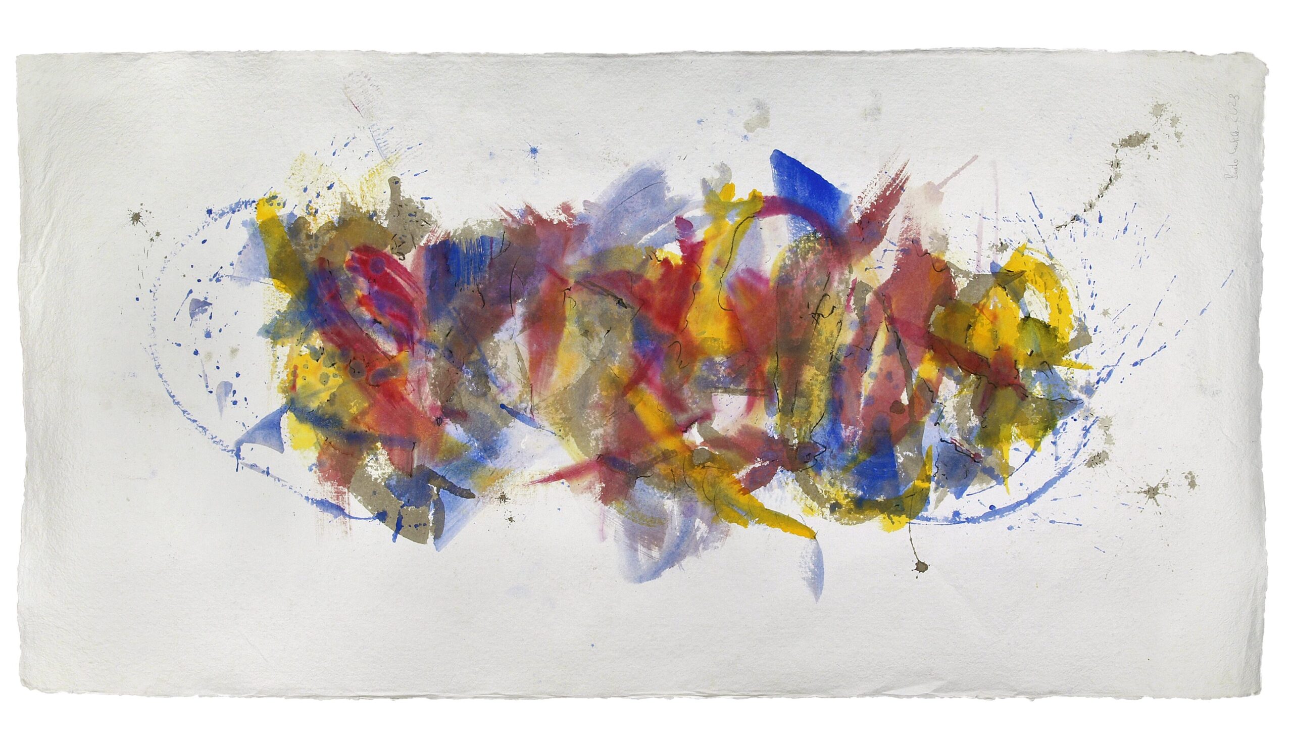 BackForward 5 — Vorderseite, 2023, Mixed Media auf Büttenpapier, beidseitig bemalt, 210.0 × 110.0 cm