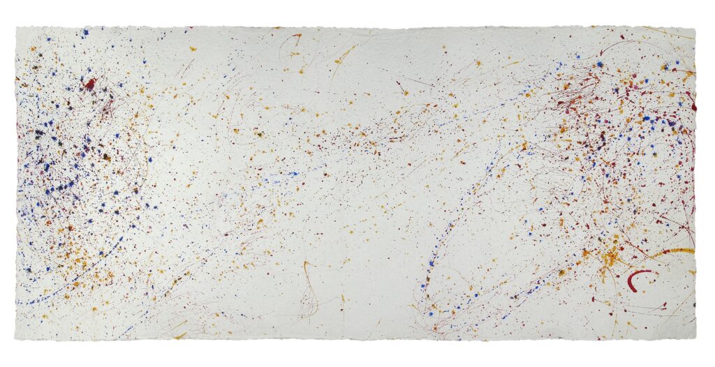 BackForward 8 — Rückseite, 2023, Mixed Media auf Büttenpapier, beidseitig bemalt, 200.0 × 100.0 cm