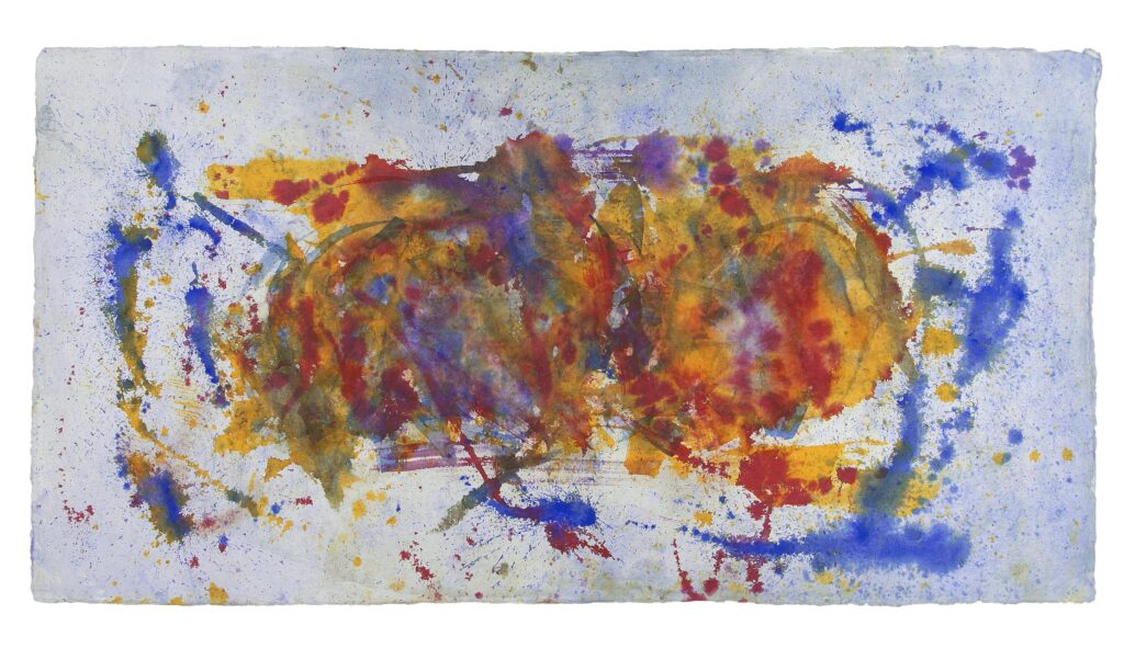 BackForward 11, 2026, Mixed Media auf Büttenpapier, beidseitig bemalt, 200 × 100 cm