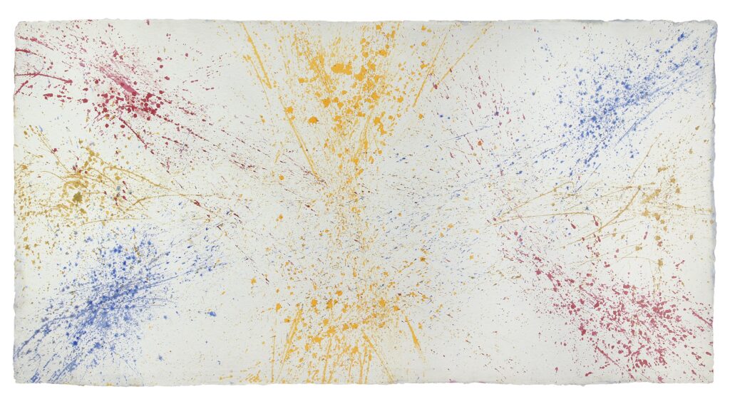 BackForward 11, 2026, Mixed Media auf Büttenpapier, beidseitig bemalt, 200 × 100 cm