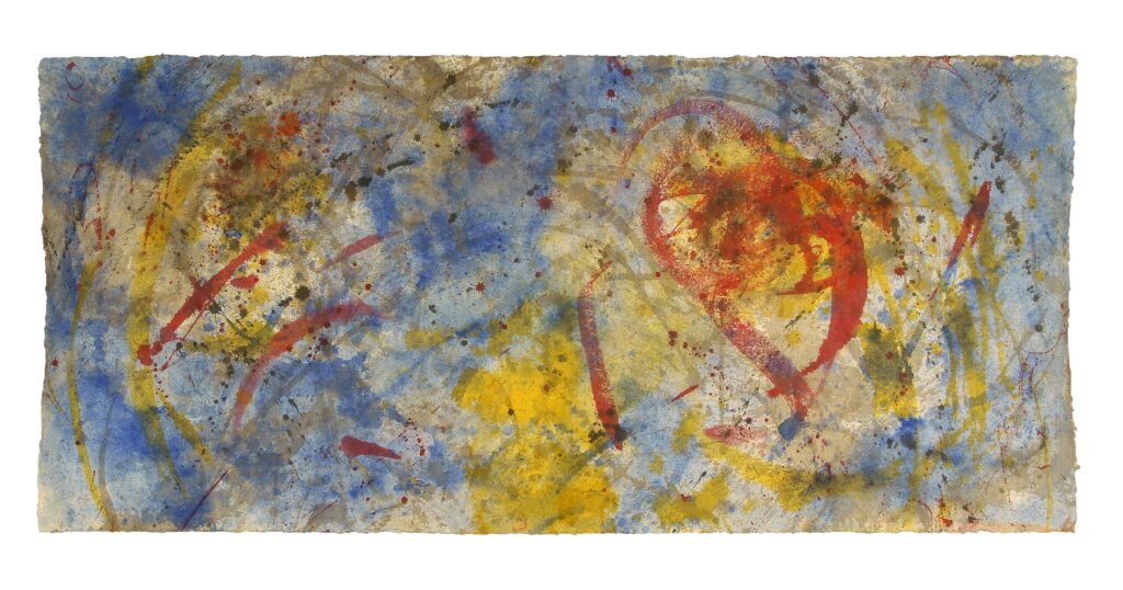 Space Worlds 21 — Vorderseite, 2024, Mixed Media auf Büttenpapier, beidseitig bemalt, 100.0 × 200.0 cm