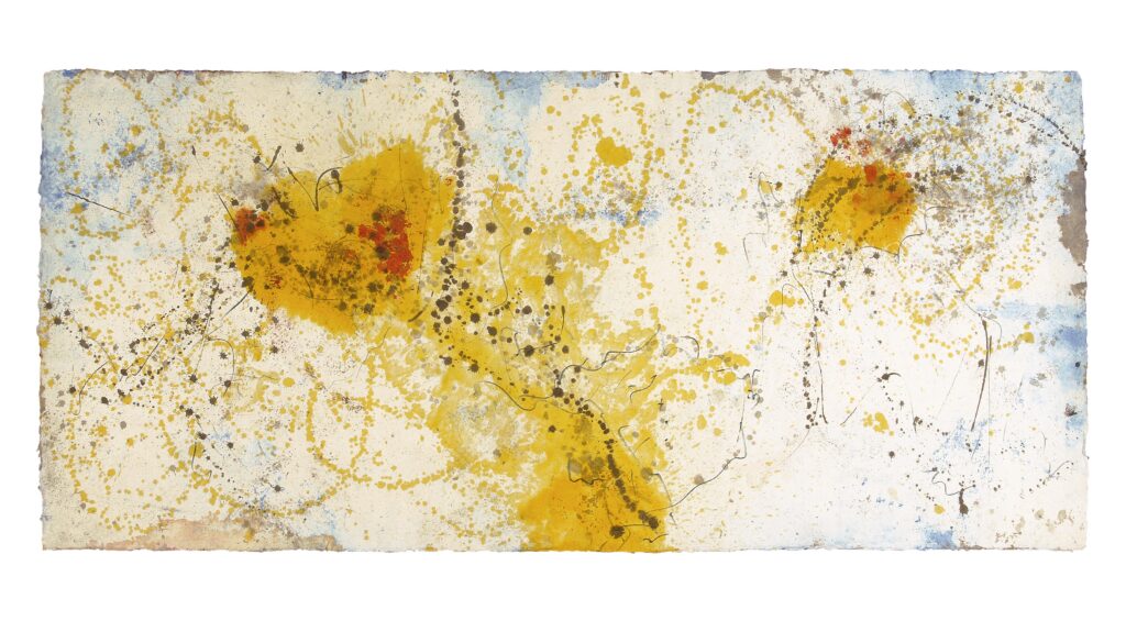 Space Worlds 21 — Rückseite, 2024, Mixed Media auf Büttenpapier, beidseitig bemalt, 100.0 × 200.0 cm
