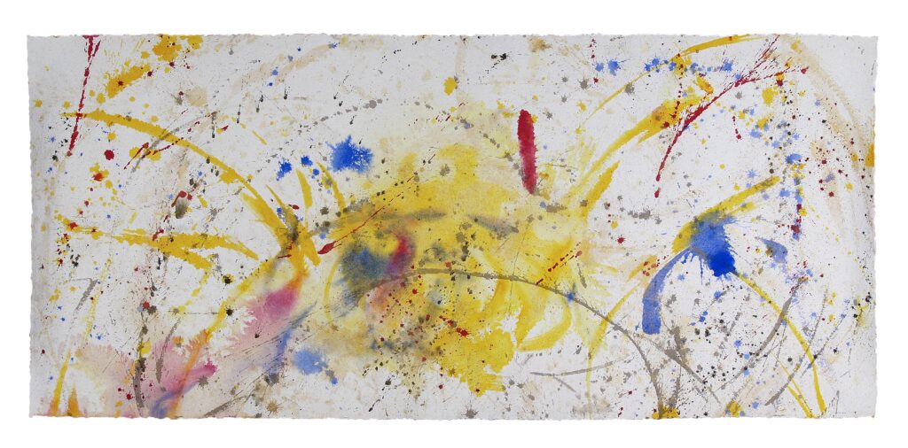 Space Worlds 22 — Vorderseite, 2024, Mixed Media auf Büttenpapier, beidseitig bemalt, 100.0 × 200.0 cm
