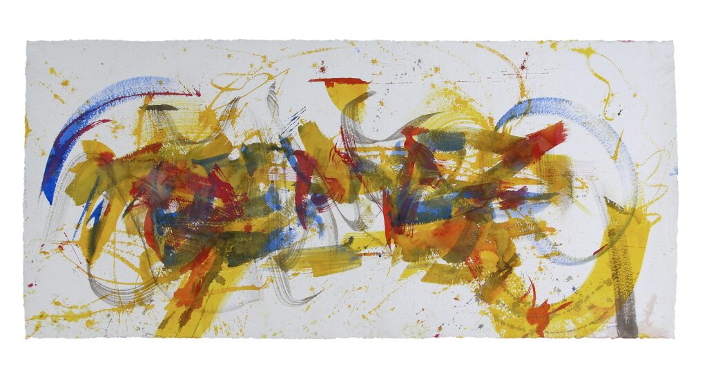 Space Worlds 22 — Rückseite, 2024, Mixed Media auf Büttenpapier, beidseitig bemalt, 100.0 × 200.0 cm