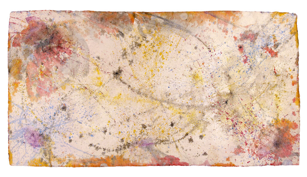 BackForward 11, 2026, Mixed Media auf Büttenpapier, beidseitig bemalt, 200 × 100 cm