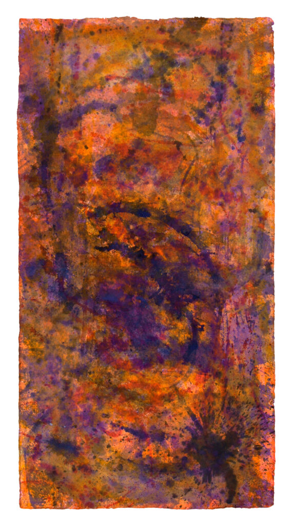 BackForward 11, 2026, Mixed Media auf Büttenpapier, beidseitig bemalt, 200 × 100 cm