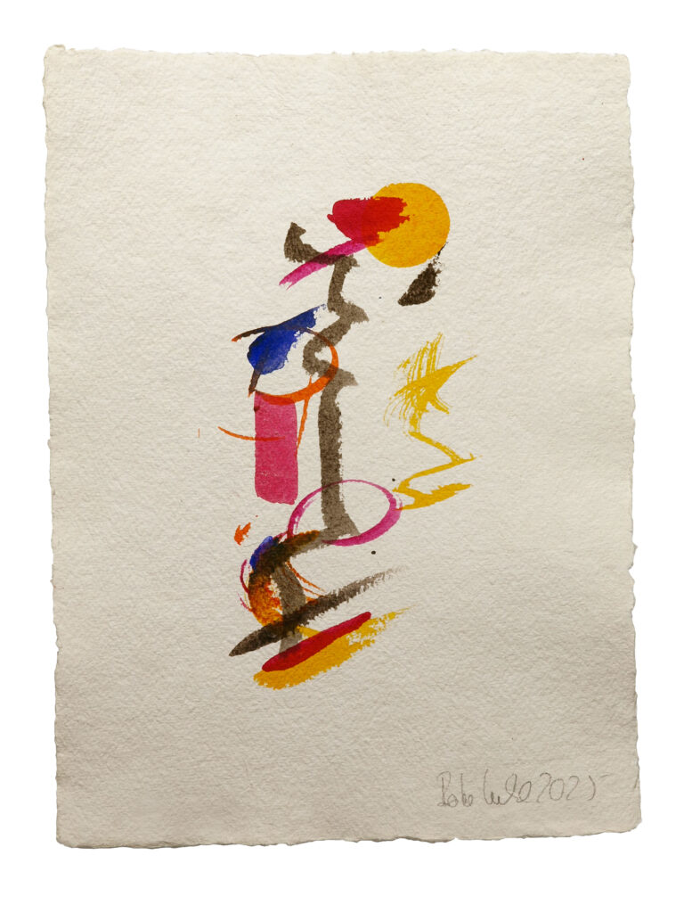 Human or 2, 2025, Mixed Media auf Büttenpapier, 28 × 38 cm