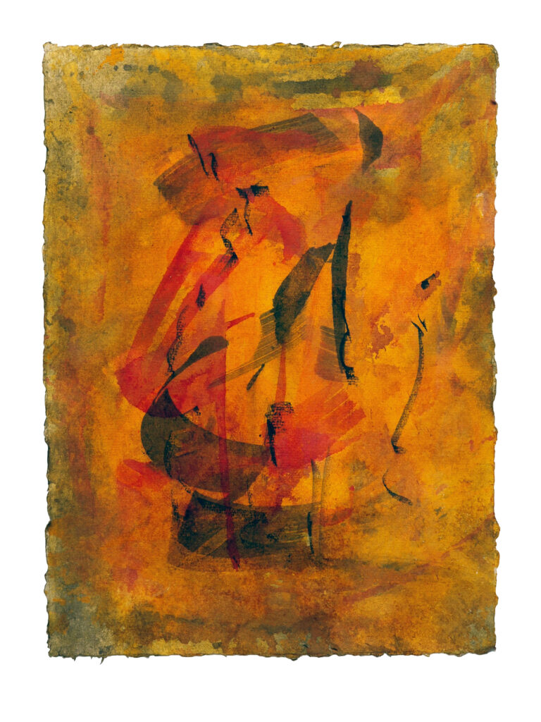 Out of Darkness 1, 2025, Mixed Media auf Büttenpapier, 27 × 38 cm